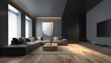 Modern gray living room with natural wood floors