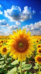 Fototapeta premium Bright yellow sunflowers in a field on a clear blue sky with a few white clouds