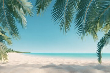Tropical beach scene framed by palm fronds.  Palm leaves frame a tranquil beach scene.  Light-blue water meets a light-beige sand beach, with a clear blue sky above
