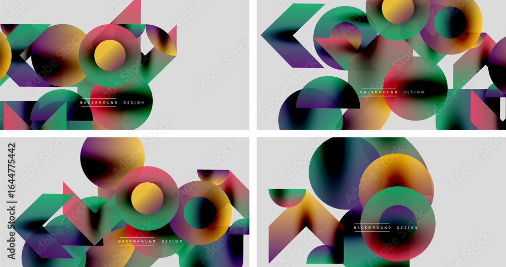 Poster abstract colorful shapes overlap creating dynamic backgrounds. gradients blend hues, offering modern