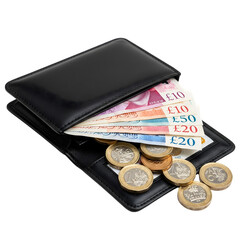 Wallet with Colorful Banknotes and Coins on Black Backdrop