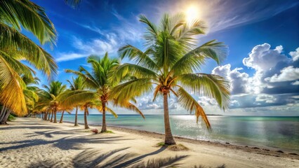 Fototapeta premium Warm sandy beach with palm trees swaying gently in the breeze on a bright sunny day at Florida Keys