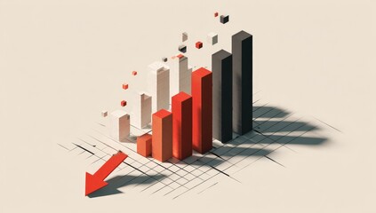 Isometric graph with red bars declining, indicated by a large red arrow