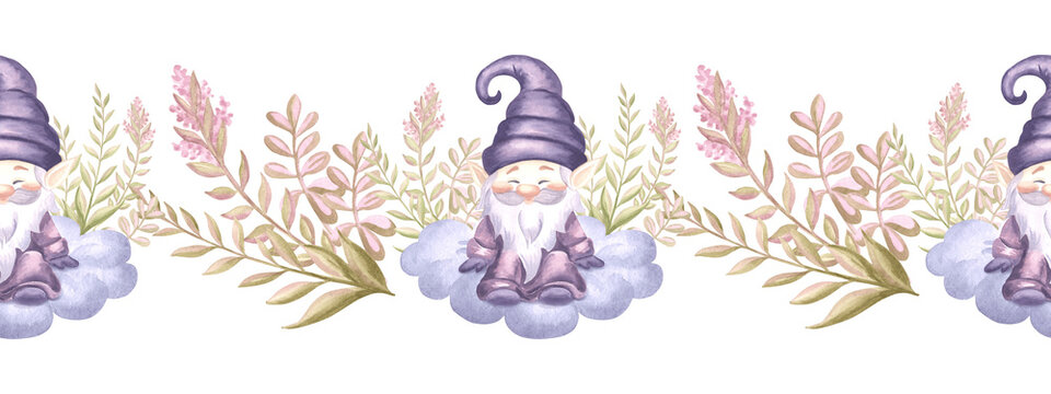 Cute gnomes sitting on cloud with tender flower twigs watercolor seamless border for kids design. Hand drawn illustration night elfs from fairy dreams. Magic dwarfs character for childrens background.