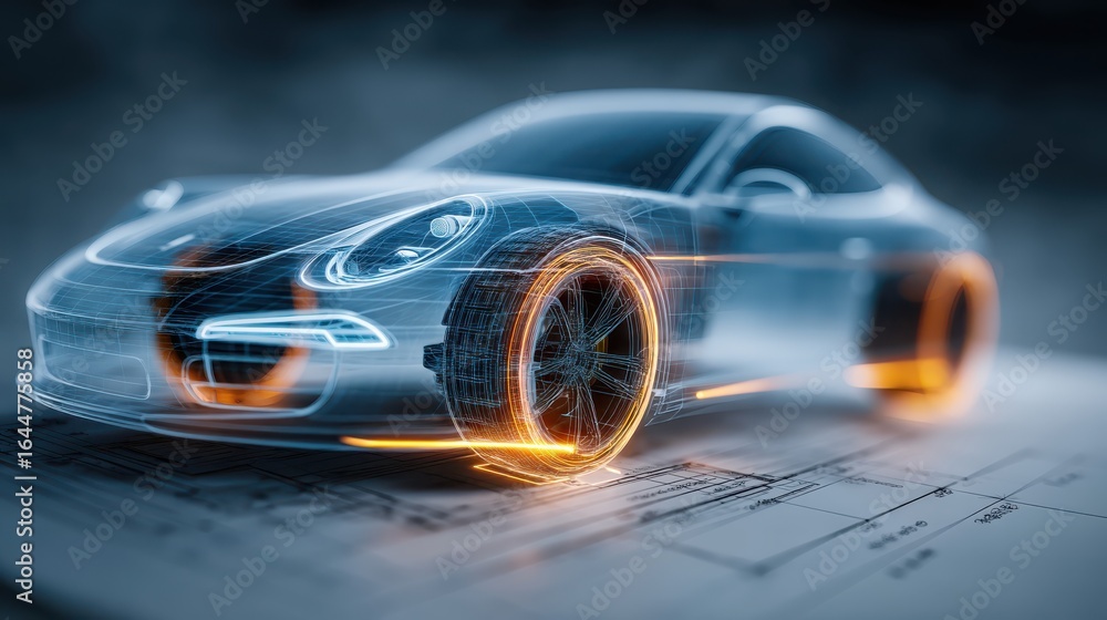 Poster a futuristic car design rendered in transparent style, showcasing intricate details and glowing elem