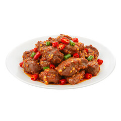 Fototapeta premium Savory plate of marinated goat meat garnished with red chili peppers, perfect for culinary, restaurant, and spicy food themes. isolated on white or transparent background. PNG for design use