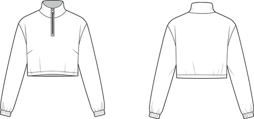 Cropped quarter zip sweatshirt front and back view, fashion technical flat sketch, modern sporty design, CAD drawing, vector illustration
