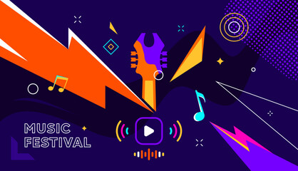 Colorful abstract music festival background with electric guitar silhouette, music notes, and dynamic geometric shapes. Perfect for concert posters, event promotions, and party invitations
