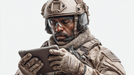 Fototapeta premium Soldier Using Tablet for Mission Planning | Armed Service Member with Protective Gear Operating Technology | Military Personnel Reviewing Digital Map or Drone Controls