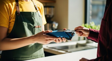 Customer pays at counter with card, barista ready to complete transaction