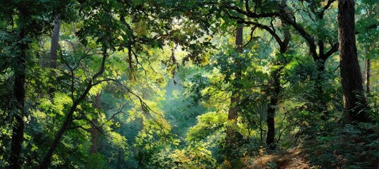 Fototapeta premium Sunlight filtering through a dense forest canopy
