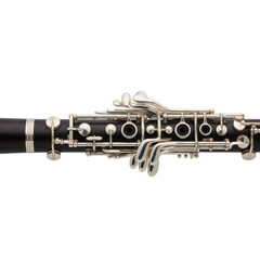 Detailed close up of a black clarinet, showcasing its intricate silver keys and polished wooden body. Perfect for music, education, or performance themes.