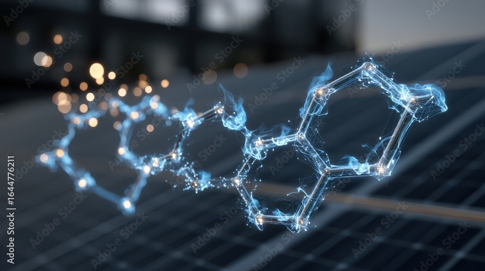 Poster a digital representation of a molecular structure with glowing connections, set against a backdrop o