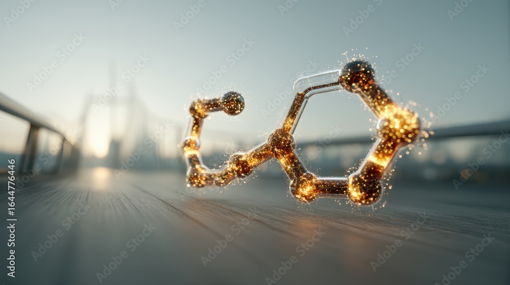 Poster a glowing molecular structure is depicted on a wooden surface, with a bridge in the background, crea