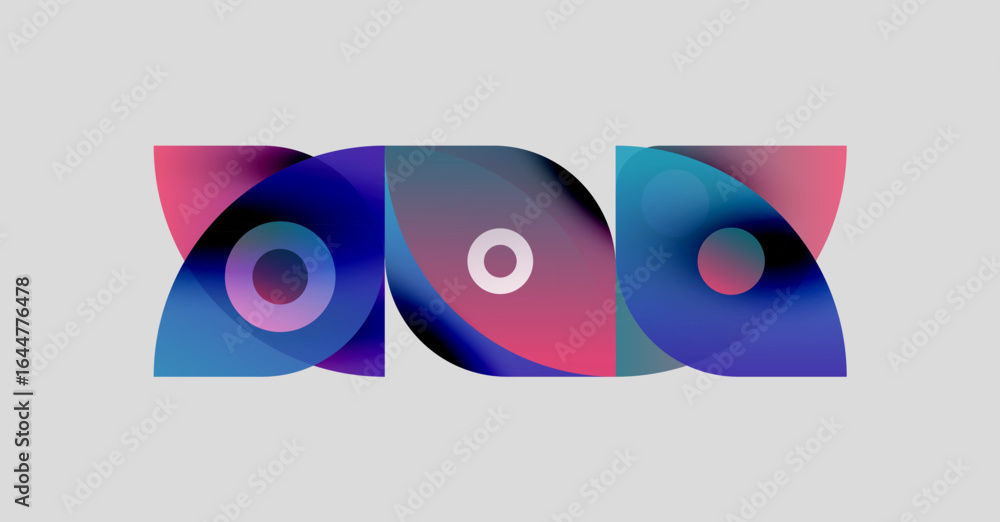 Poster abstract graphic design features overlapping colorful shapes forming one. vivid pinks, blues create 