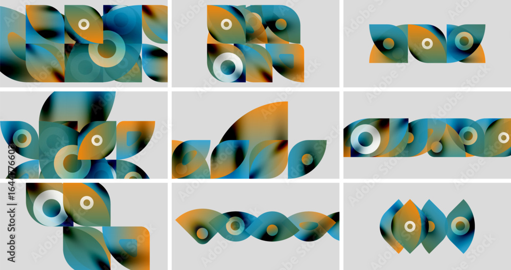 Poster abstract shapes, vibrant colors, geometric patterns. overlapping forms create dynamic compositions. 