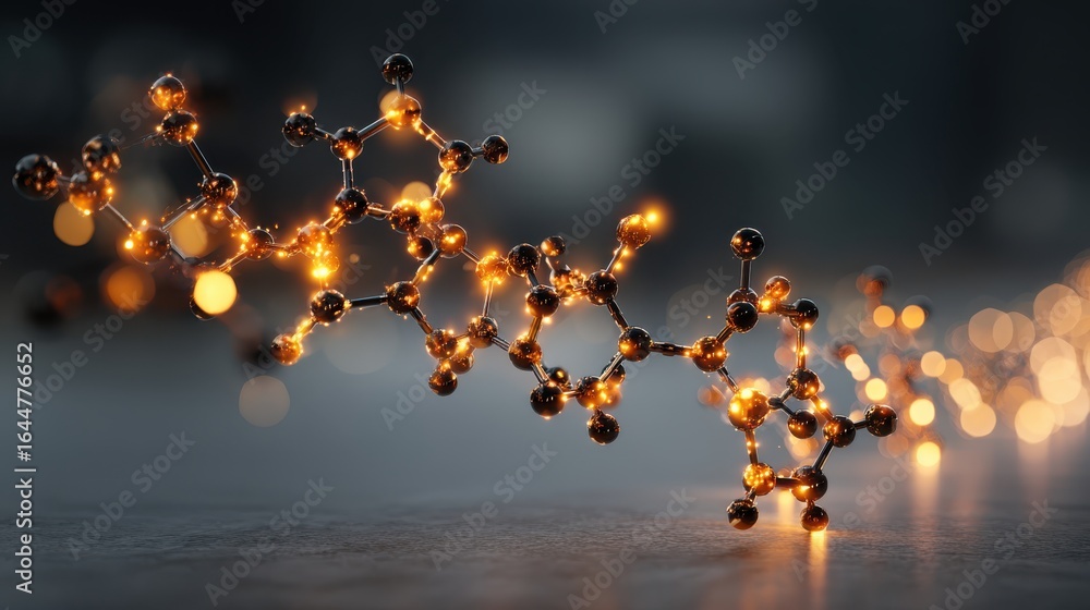 Poster a glowing molecular structure set against a blurred background, showcasing a blend of science and ar
