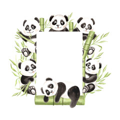 Fototapeta premium Cute baby panda with green bamboo, watercolor frame for baby design. Hand drawn isolated illustration border of black and white chinese bear. Postcard template with animal character for children