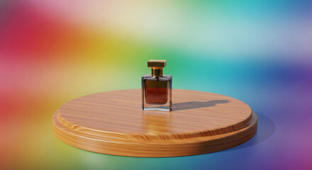 Obraz premium Wooden product bottle parfume display podium with blurred nature background. 3D rendering