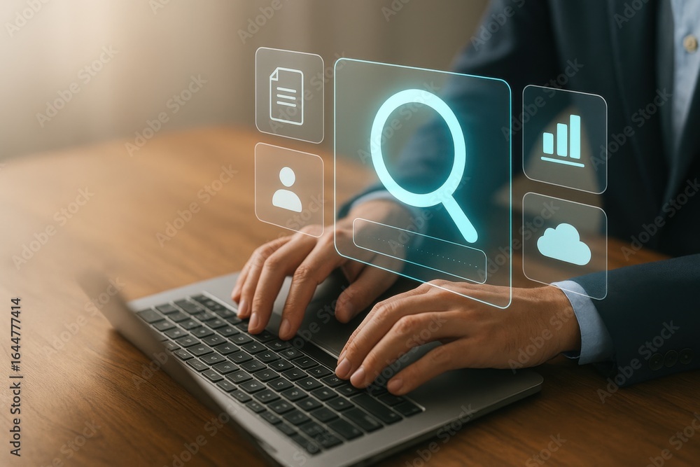 Poster business data search interface with ai icons for documents, analytics, and cloud storage