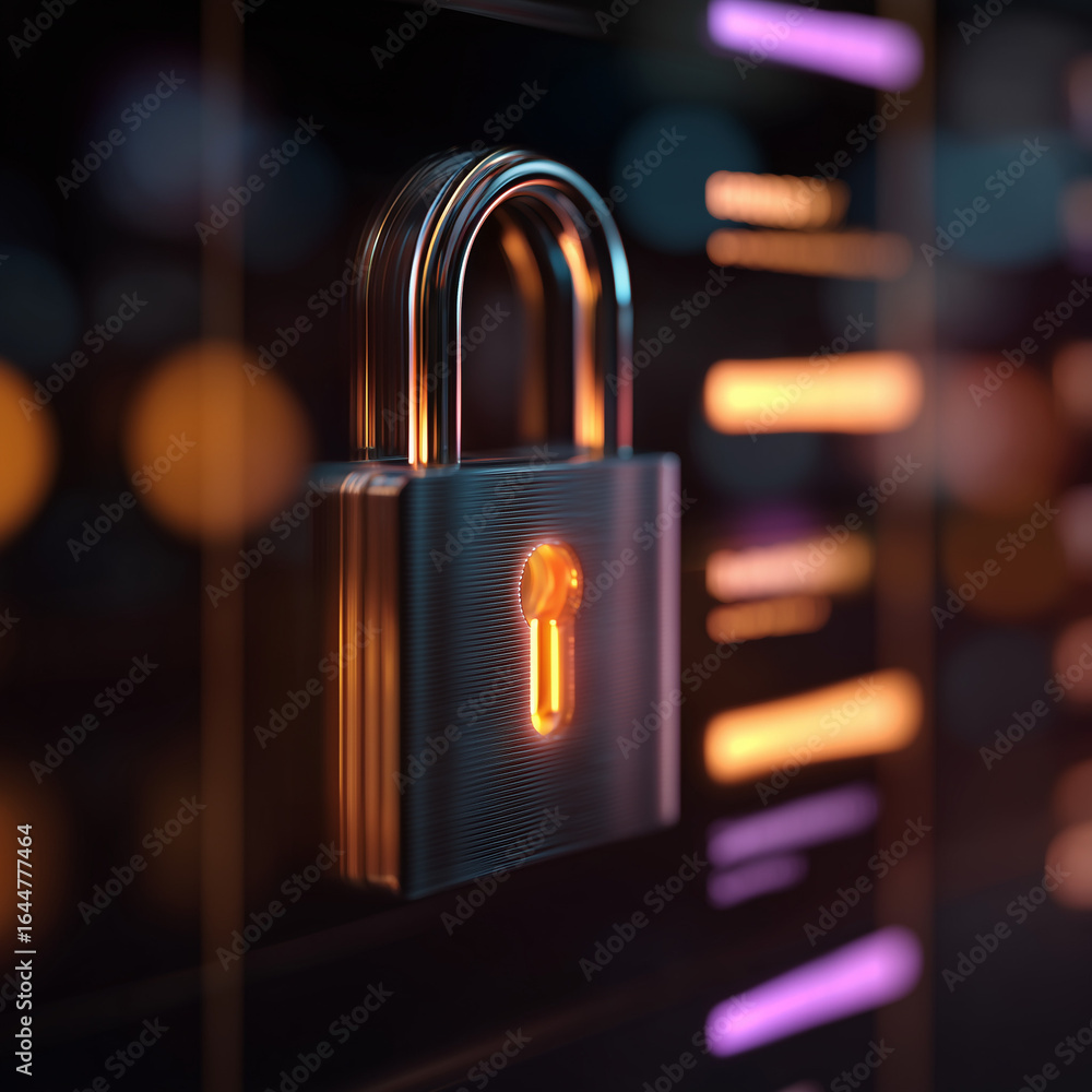 Poster security lock with illuminated keyhole on a modern digital interface during nighttime