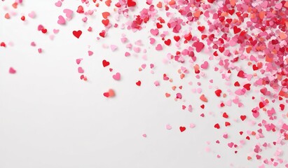 Heart confetti shower on white background
