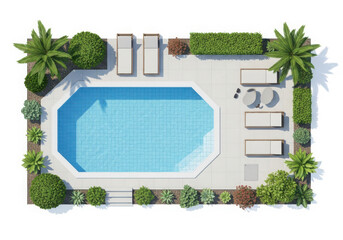 Aerial view of a modern backyard swimming pool with lounge chairs, sofa, and surrounding lush greenery