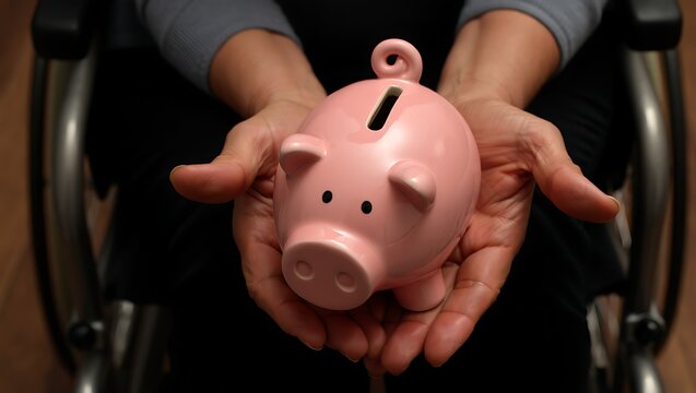 Hands hold piggy bank in wheelchair support concept