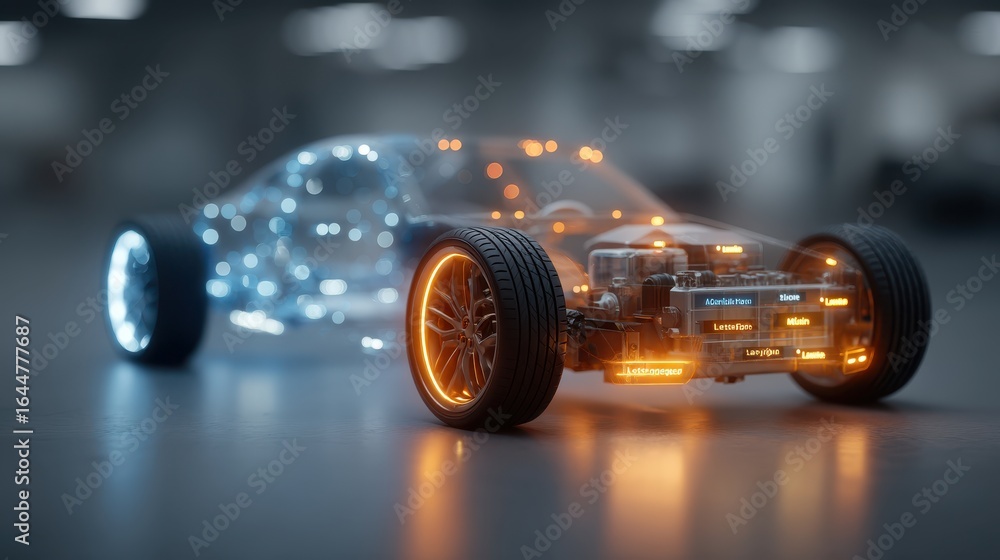Poster a futuristic car model with illuminated components, showcasing a blend of technology and design in a