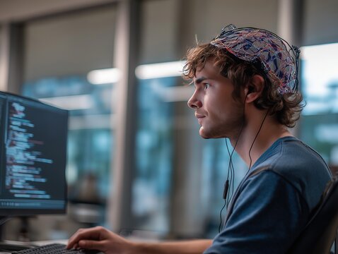 Young developer in blue shirt coding with brainwave headset, side view in modern office &mdash; tech innovation, futuristic work, neuroscience concept