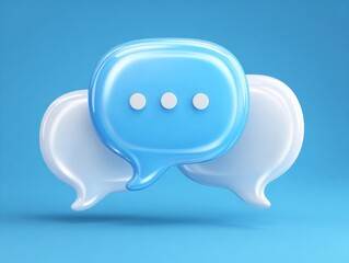 Two stylized speech bubbles, one light blue, one white, positioned against a bright blue background.  The light blue bubble features three small white dots, suggesting a message