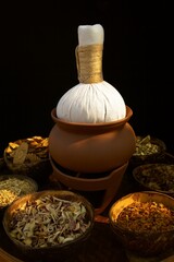 Traditional Thai Herbal Compress with Dried Medicinal Herbs in Coconut Shell Bowls on Clay Pot...