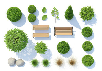Top view of garden elements including benches and various green plants isolated on white background