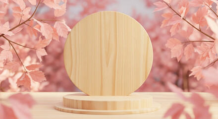 Wooden product display podium with blurred nature leaves background. 3D rendering