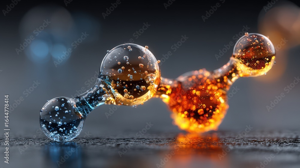 Poster a close-up view of colorful molecular structures resembling droplets, showcasing bubbles and light r