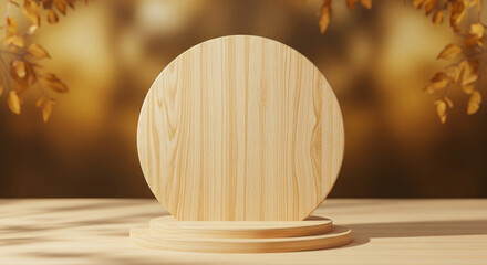 Wooden product display podium with blurred nature leaves background. 3D rendering