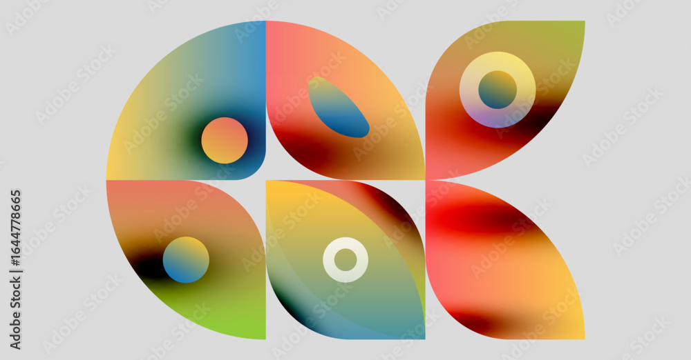 Poster abstract colorful shapes overlap, creating dynamic visual composition. gradients blend hues, forming