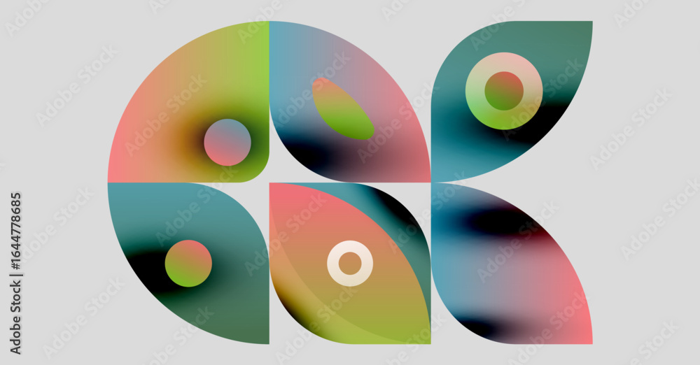 Poster abstract colorful shapes overlap, creating dynamic composition. soft gradients blend hues, forming m