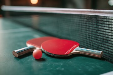 Ping pong paddles and ball rest on table, near net