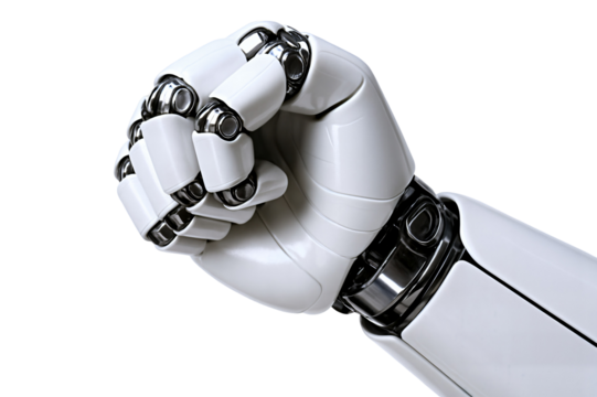 Close-up of a robotic white hand making a fist gesture, showcasing intricate design.