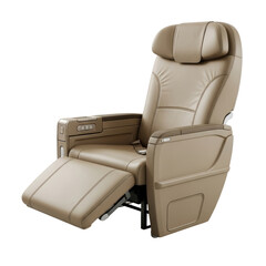 Fototapeta premium A comfortable, modern beige airplane seat with an extended leg rest, designed for premium travel comfort and luxury.