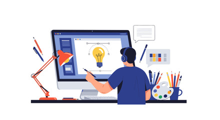 A creative designer at work utilizing digital tools and technology for innovative graphic art projects