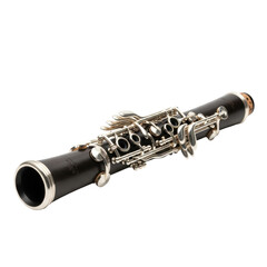 Naklejka premium A sleek black clarinet featuring polished silver keys, a sophisticated woodwind instrument used in orchestras, bands, and jazz ensembles.