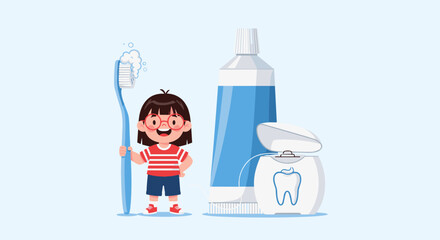 Cute cartoon child holding a toothbrush with toothpaste and dental floss for healthy teeth