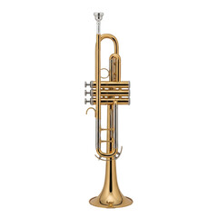 A gleaming brass and silver trumpet, a wind instrument often used in jazz, classical, and orchestral music, standing upright.