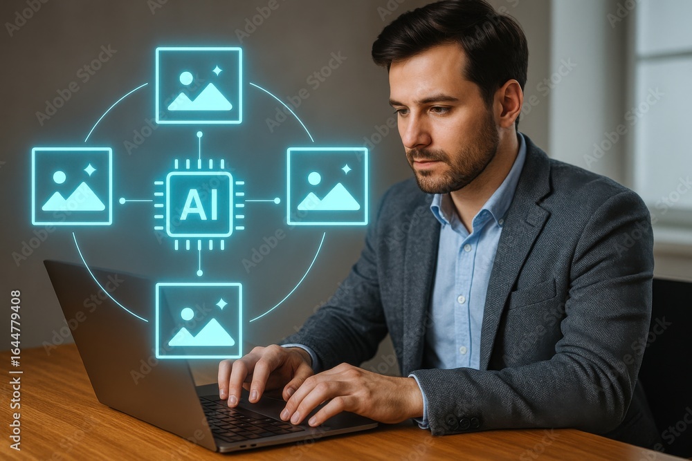 Aufkleber businessman using ai image processing dashboard for digital photo analysis and editing
