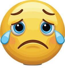 Crying emoji cartoon, sad face with tears, emotional emoji icon, depressed yellow emoticon illustration, expressive digital mood icon, sorrowful emoji design artwork