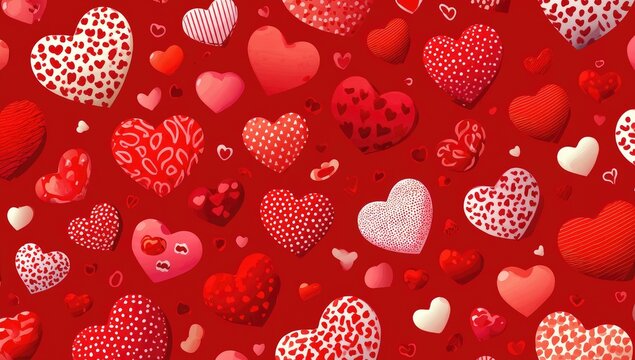 Hearts in a vibrant red pattern.  Many hearts, various textures and colors, on a red background