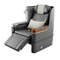 A modern, comfortable business class airplane seat in dark grey leather with a white pillow and wooden accents, designed for luxurious travel.
