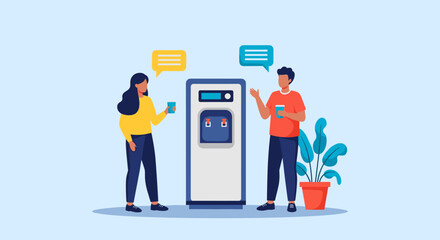 Two colleagues chatting near a water cooler discussing workplace communication and hydration